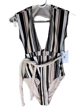 Revel Rey Women's nautical stripe Swim Suit one piece Belted Flattering  Xs NWT
